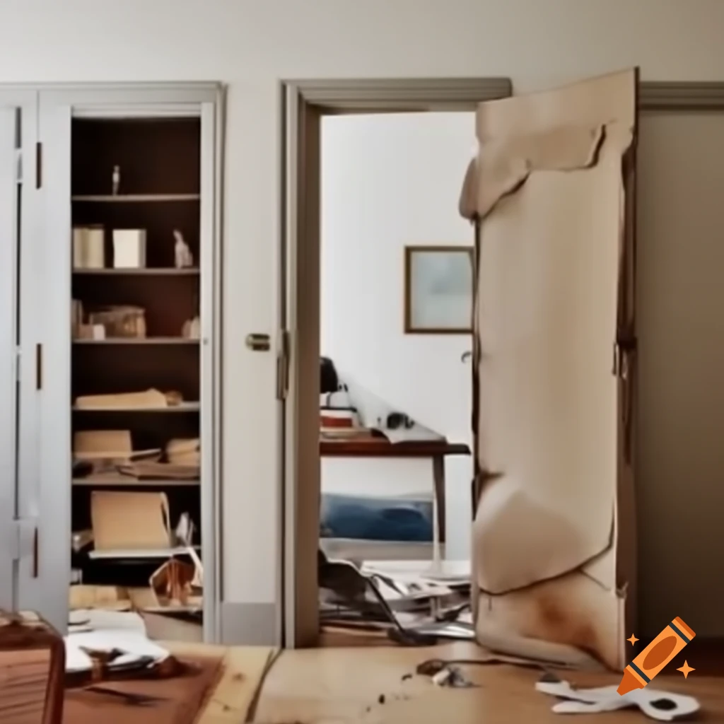 Close shots of damaged furniture and failed repairs in messy house