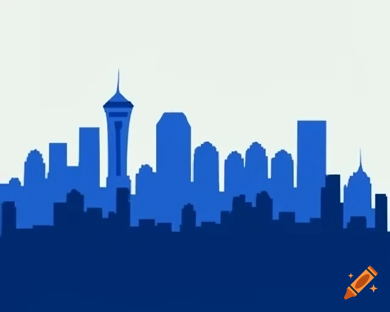 Monochromatic blue silhouette illustration of Calgary skyline featuring iconic buildings