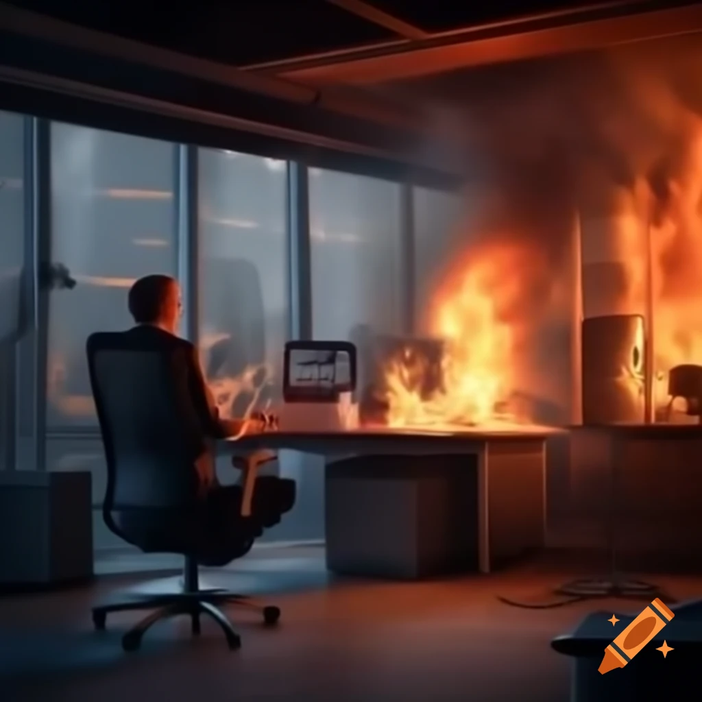 Office scene with several desks and computers, small fire in trash can