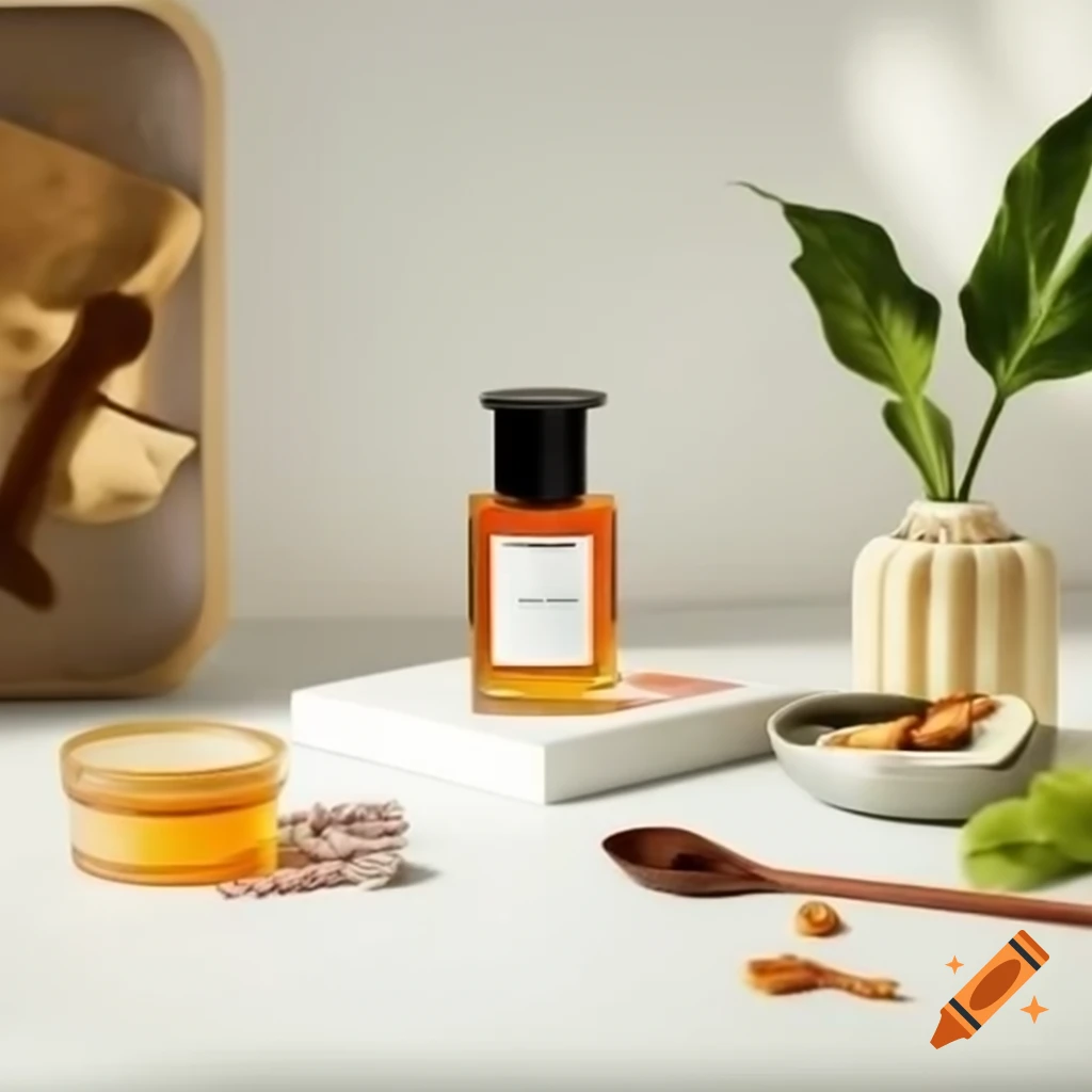 Park Avenue Amazon Woods perfume can on white table with ingredients in studio lighting