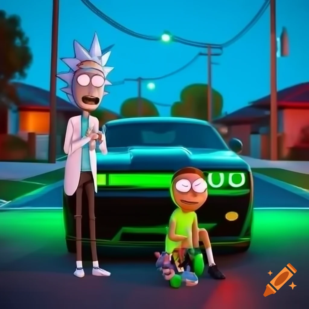 Hyper-stylized 3D cartoon scene of Rick and Morty with Dodge Challenger ...