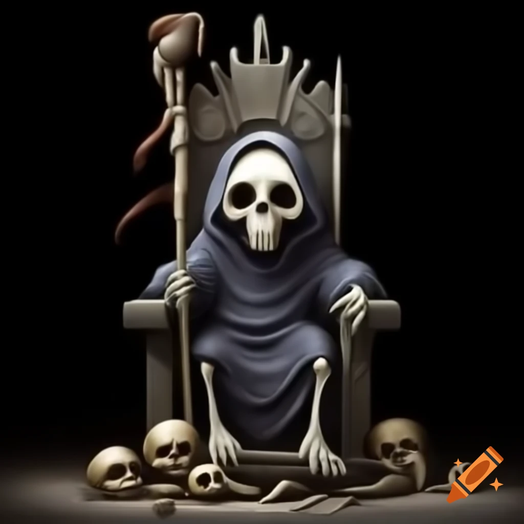 Cartoon throne of bones with grim reaper and scepter of death