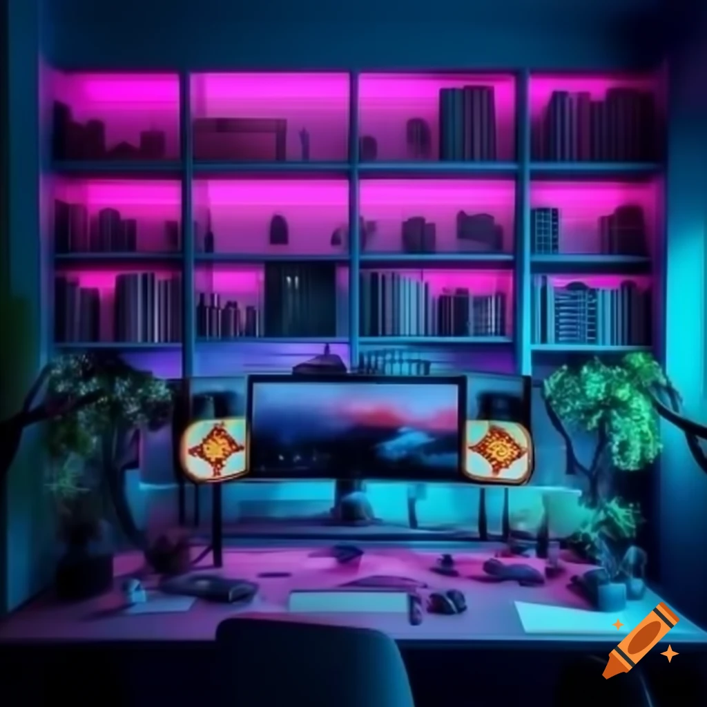 Modern podcast studio background with bookshelf, plants, and RGB lighting