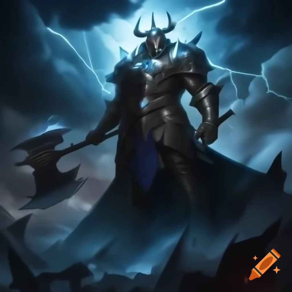 Fierce thunder warrior on shattered cliff with glowing blue eyes and ...