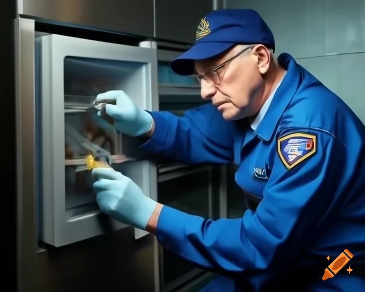 Repairman in blue uniform fixing refrigerator