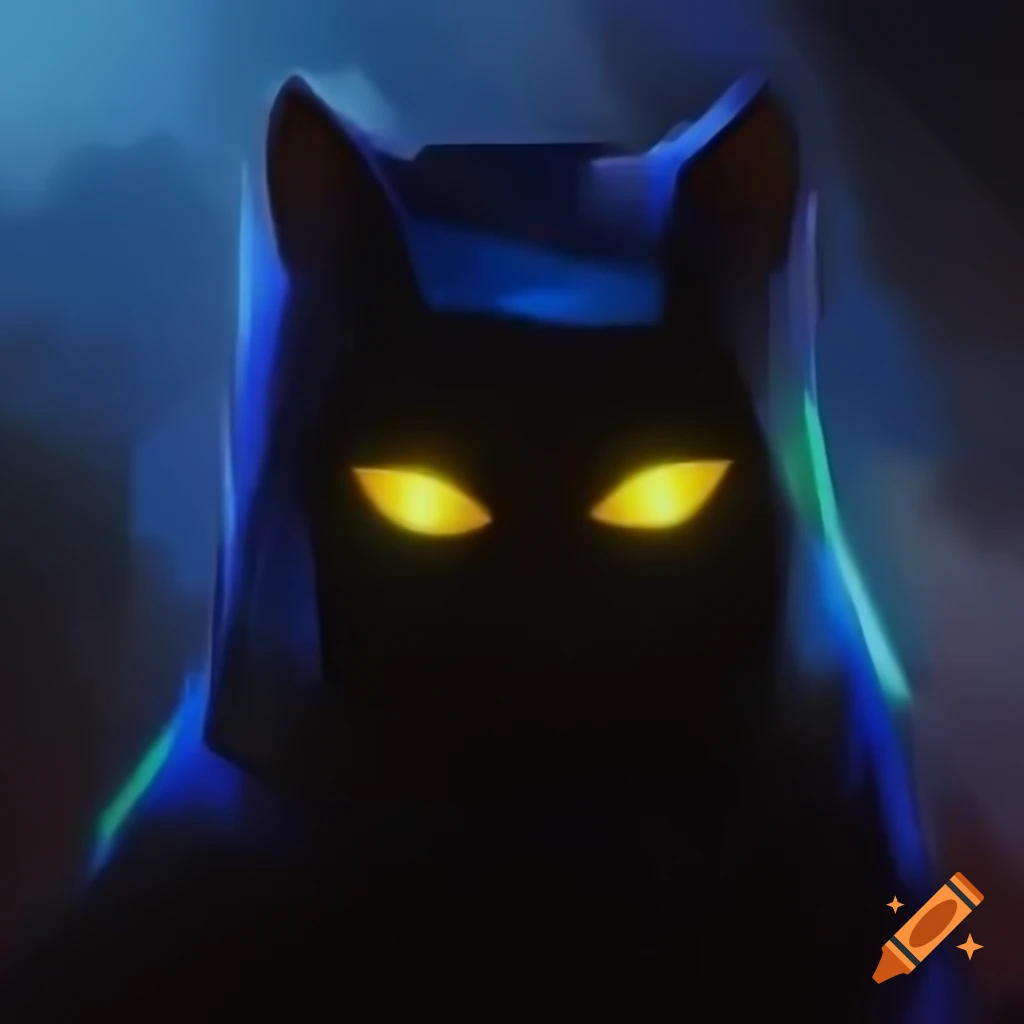 Dark shadow cat with glowing eyes and square-shaped head in foggy background