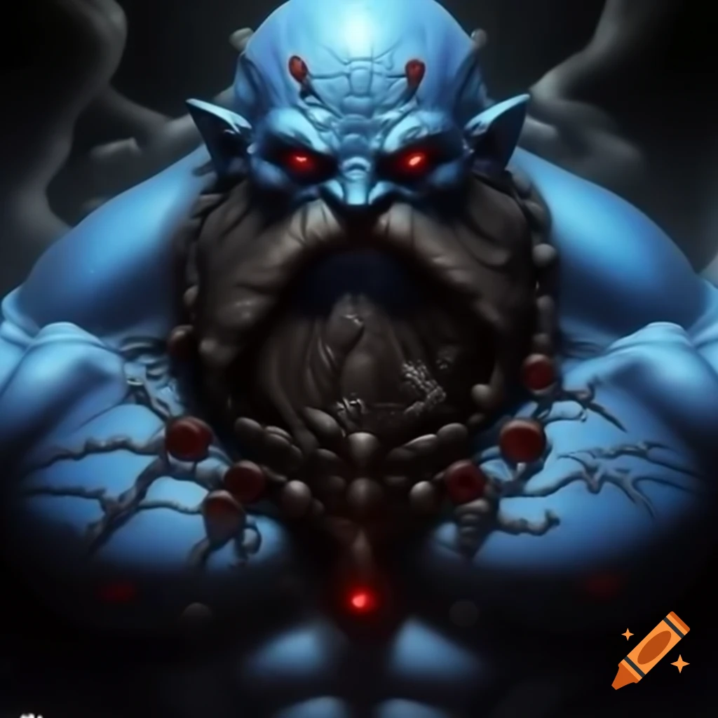 Blue-skinned giant monster with beard and red eyes surrounded by magical chains in Manhwa art style