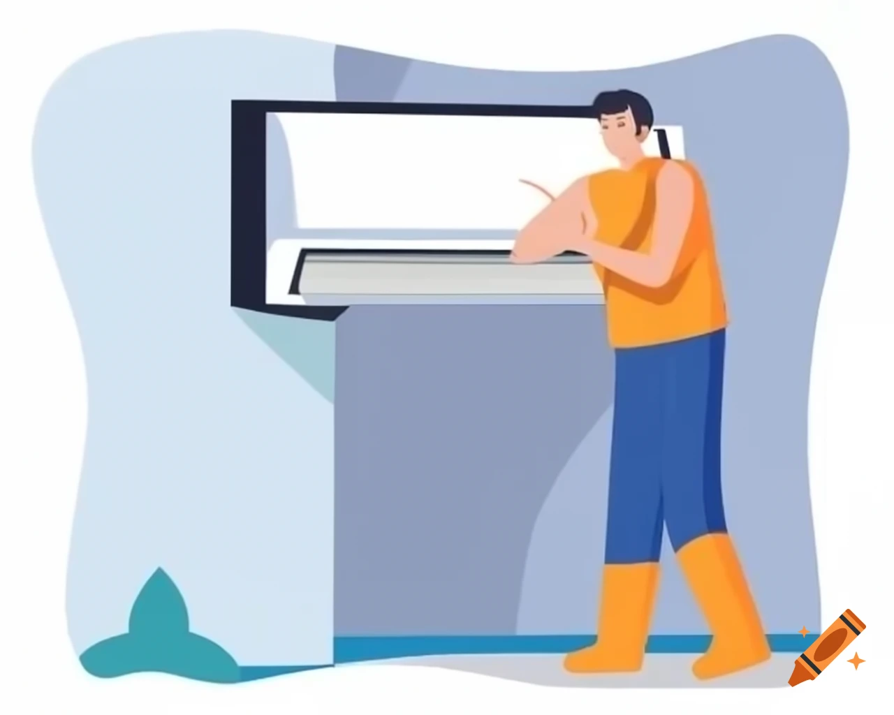 Man wearing blue shirt repairing air conditioner