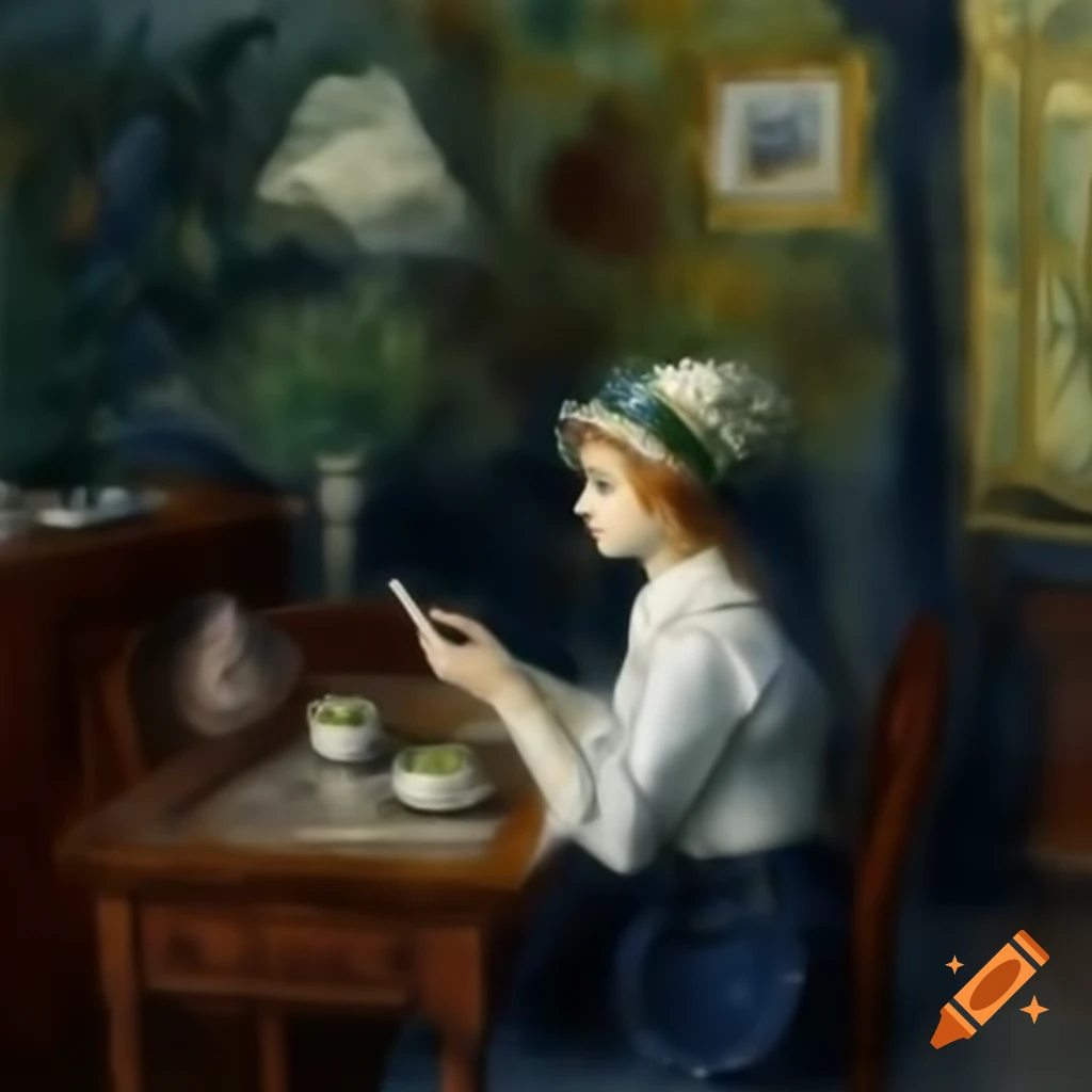 Impressionist cafe scene with people dressed in Renoir style