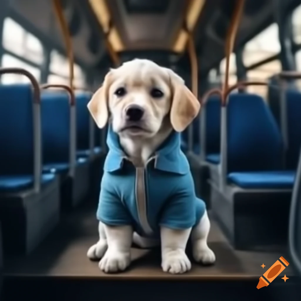 Cute white puppy in torn jacket sitting inside Swiss bus with metal walls