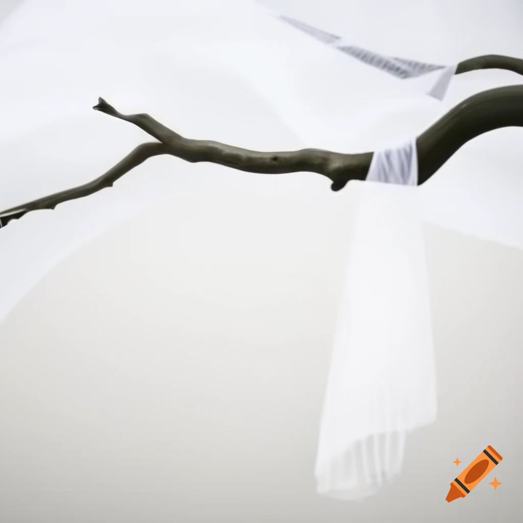 Tree branch adorned with a wedding veil on white background