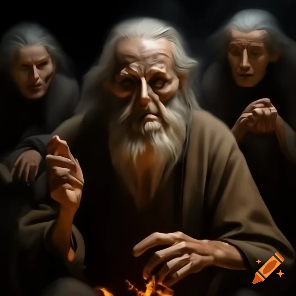 Old man telling eerie story by flickering fire, mysterious atmosphere