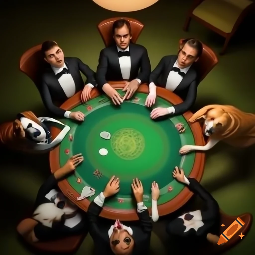 Dogs in tuxedos playing poker at round table with sneaky card exchange