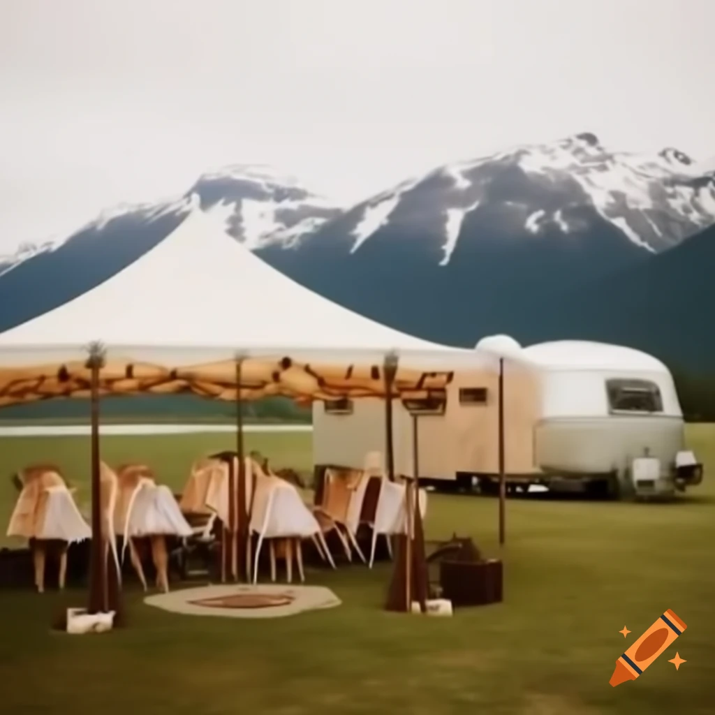 Vintage trailer wedding setup with canopy tent in Alaska