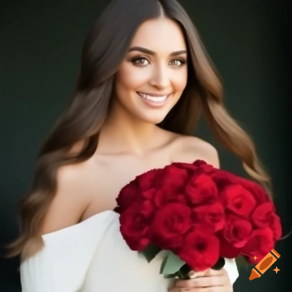 Woman in white wedding dress holding red roses, smiling