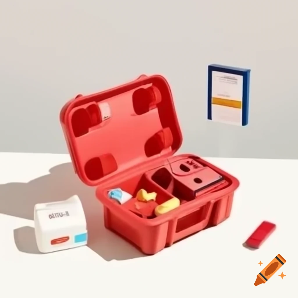 Bright red first aid kit with items slightly open against white background