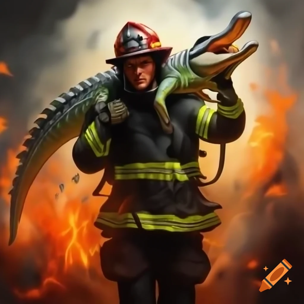 Firefighter running from fire while holding a crocodile