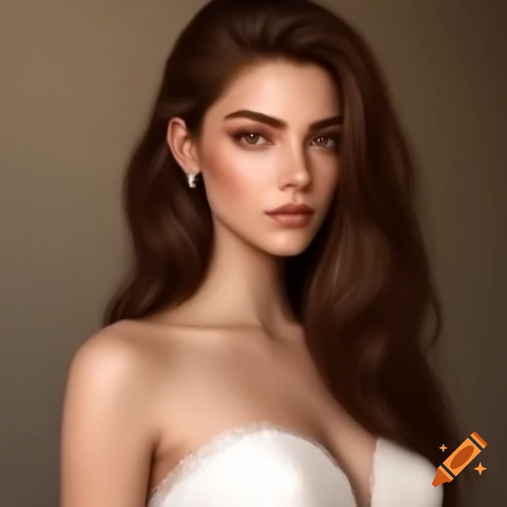 Woman with brown hair wearing white wedding dress