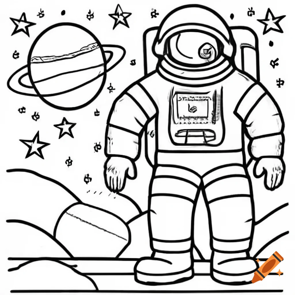 Black and white coloring book line art of astronaut beside rocket with American and Soviet symbols