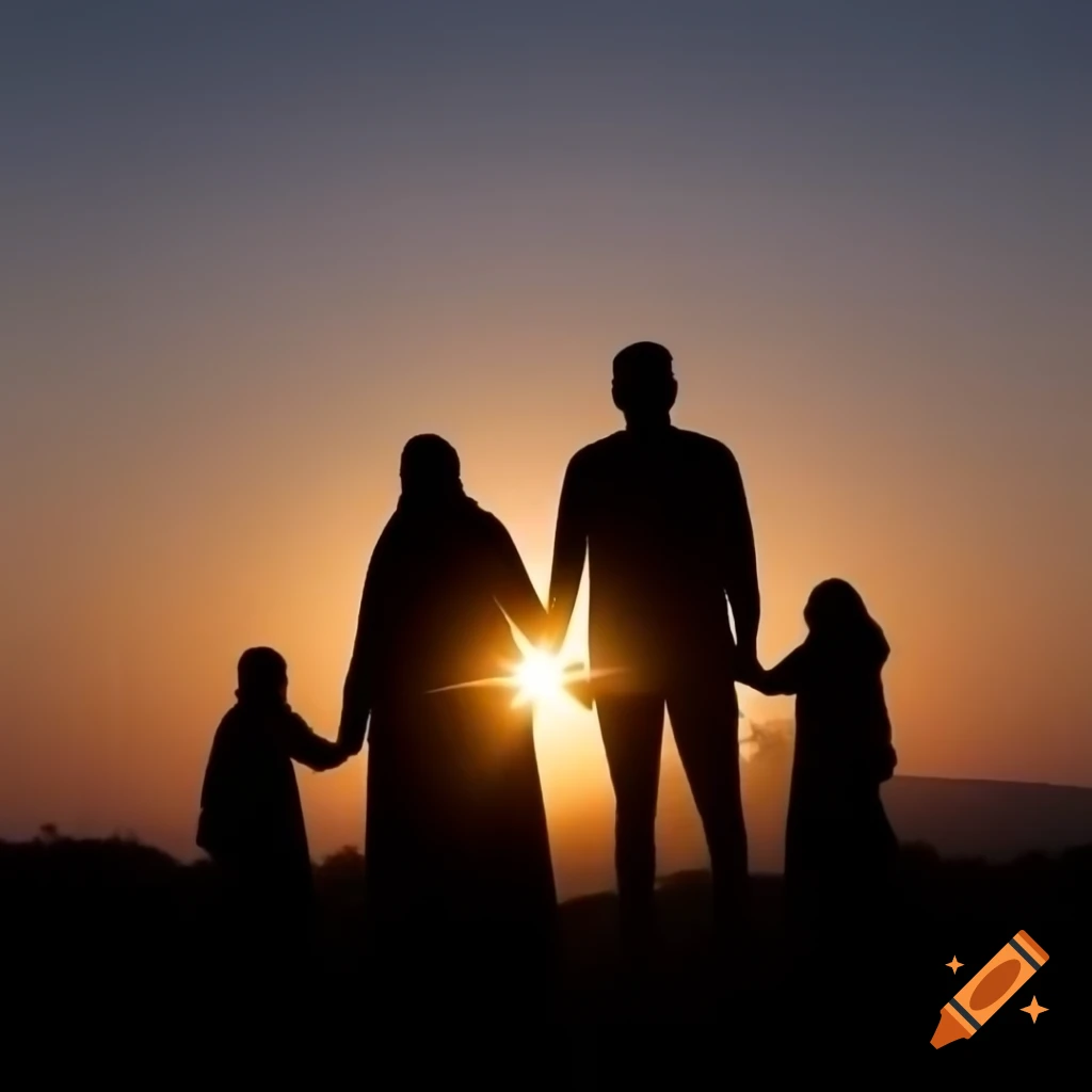 Silhouette of Muslim family of four at sunset