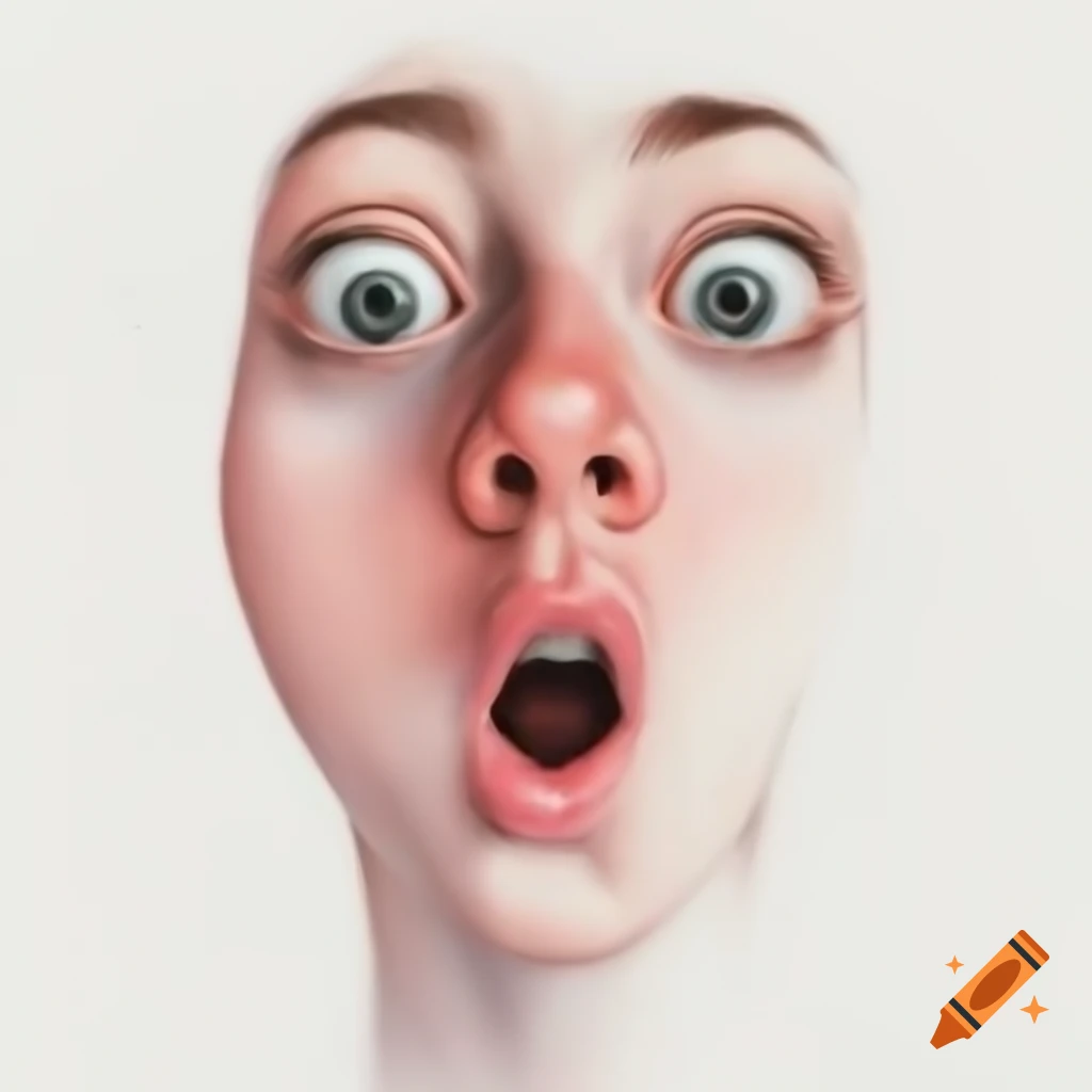 Sketch of a grotesque head with calm eyes and surprised expression on white background