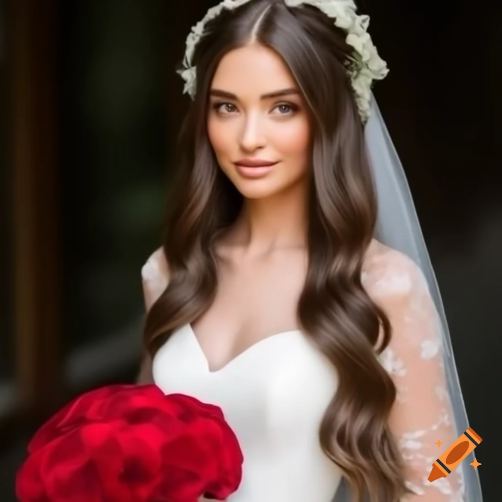 Woman in white wedding dress holding red roses, smiling