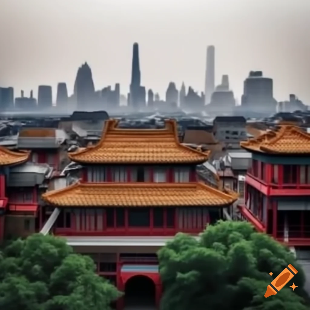 New York skyline featuring traditional Chinese architecture