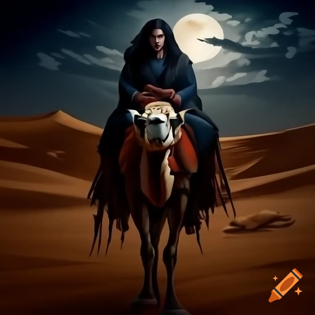 Arab Gangrel vampire guiding camel through moonlit desert, dark and realistic painting