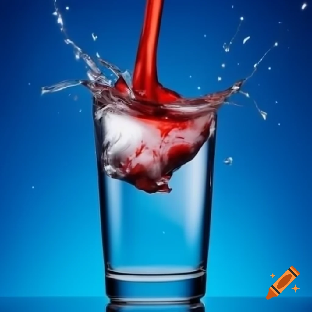 Glass of water overflowing with a dramatic red splash, contrasting blue background