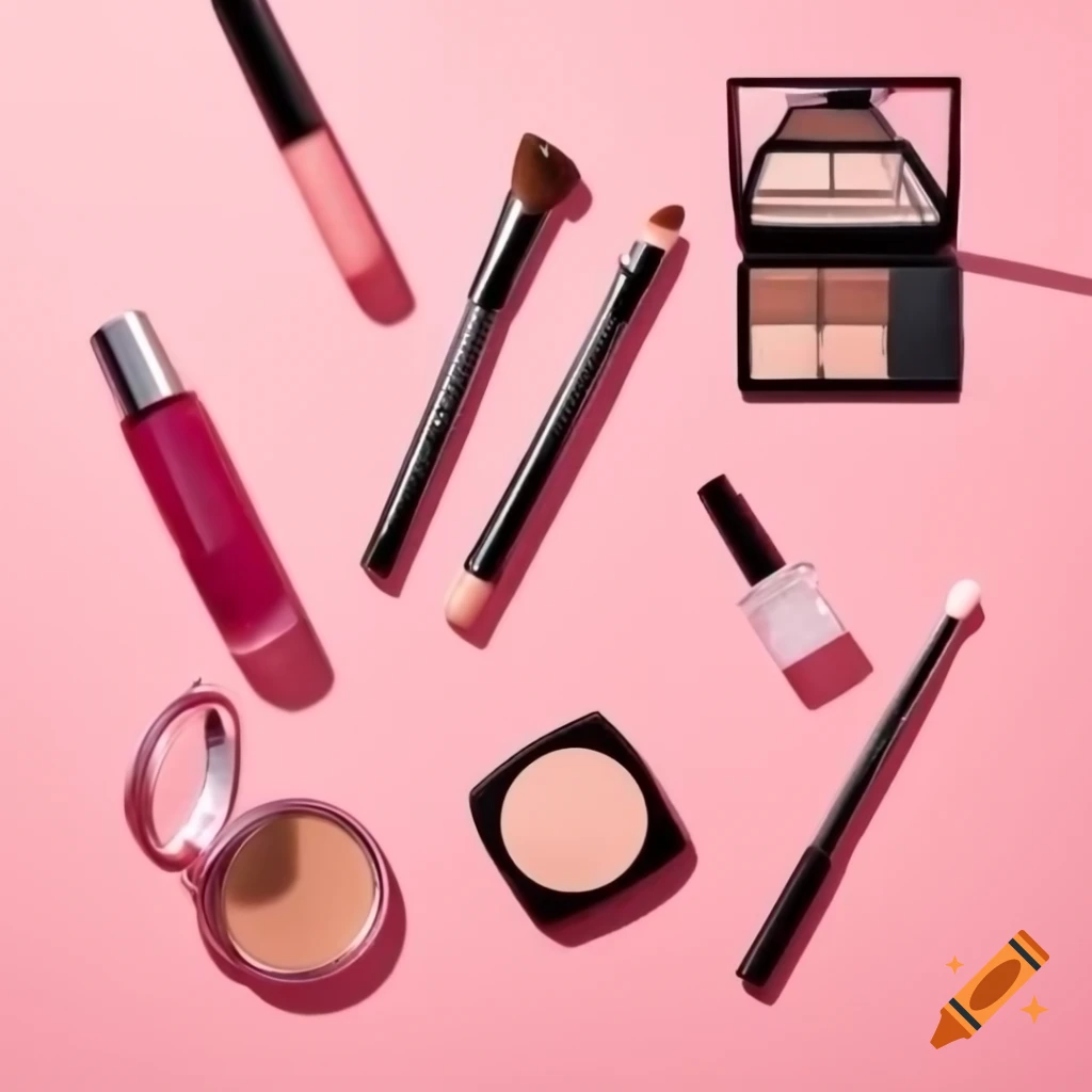 Beautifully arranged makeup products on pink background for business card
