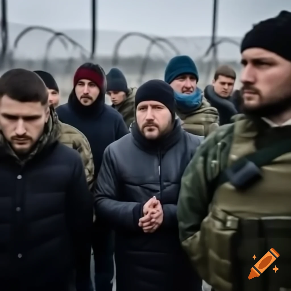 Ukrainian men at border checkpoint with armed guards and barbed wire in cold, cloudy weather