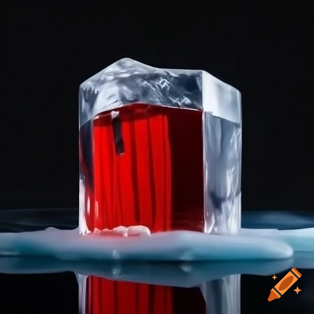 Ice cube with red liquid inside, resembling Finland's landscape