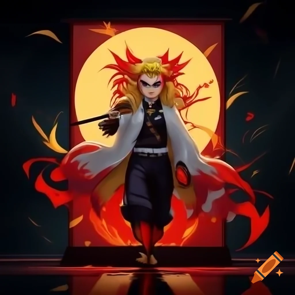 Kyojuro Rengoku illuminated against bright ethereal background for greeting card