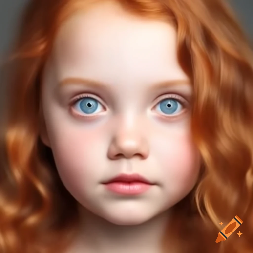 Blonde girl with big blue eyes and long curly auburn hair
