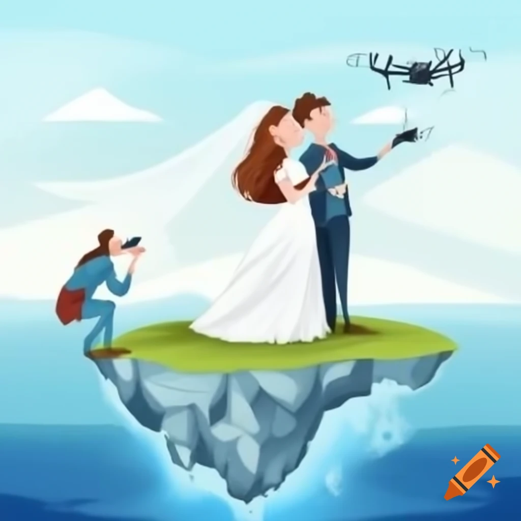 Just married couple on an island with photographer and drone overhead