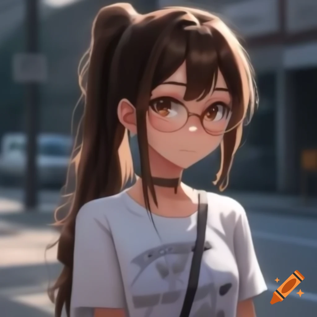 Anime-style female character with ponytail and glasses in urban street