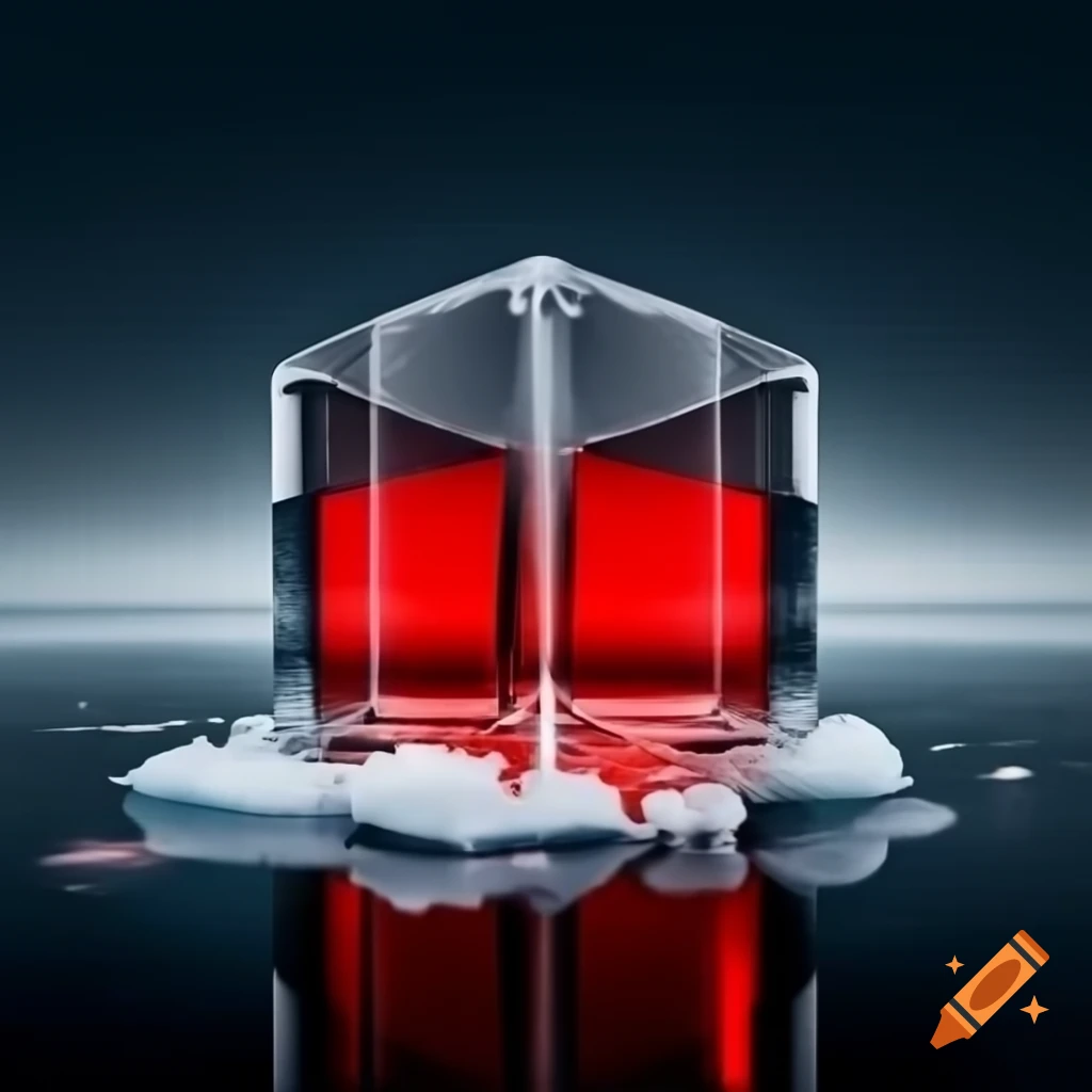 Abstract ice cube with red liquid resembling Finland on Craiyon