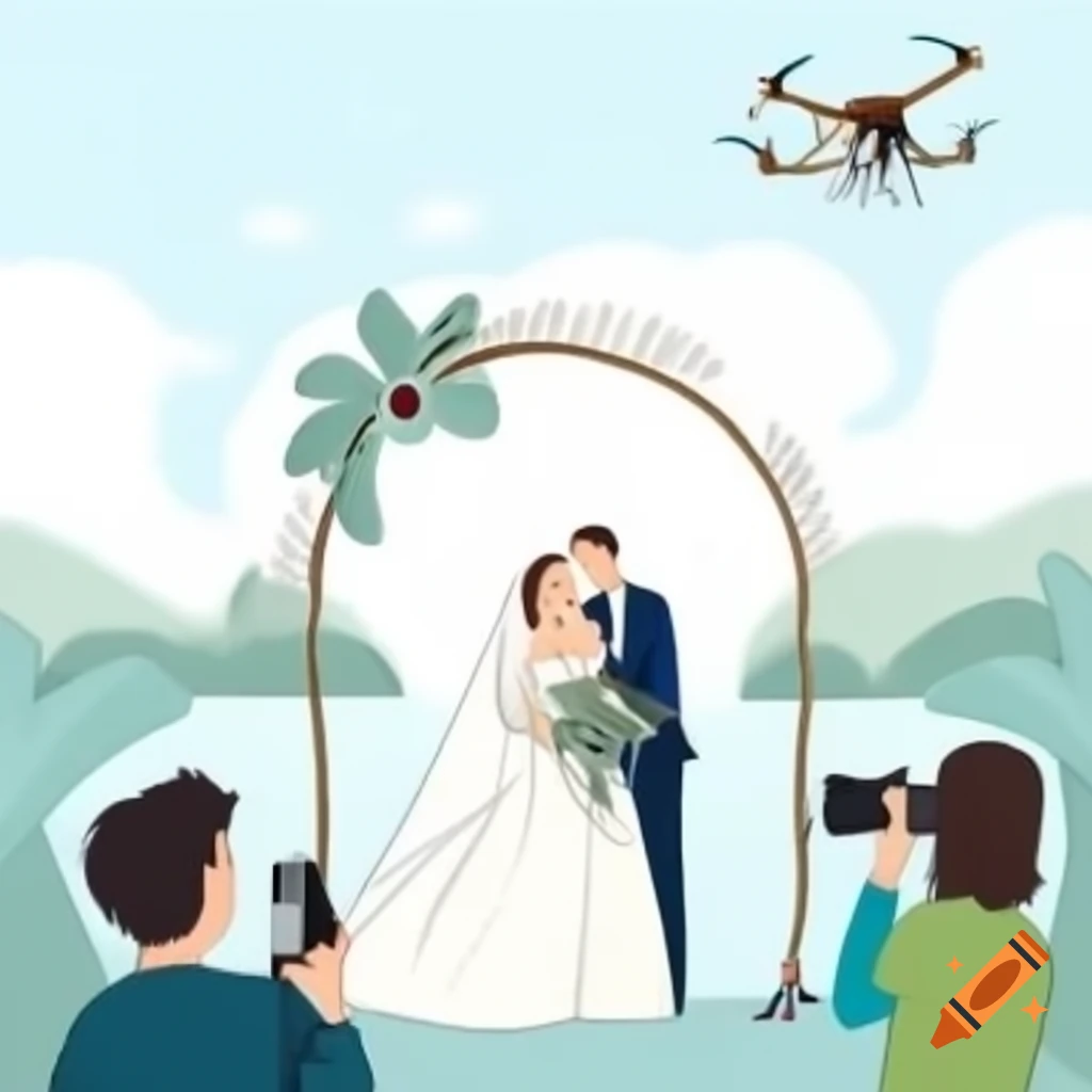 Just married couple on an island with photographer and drone overhead