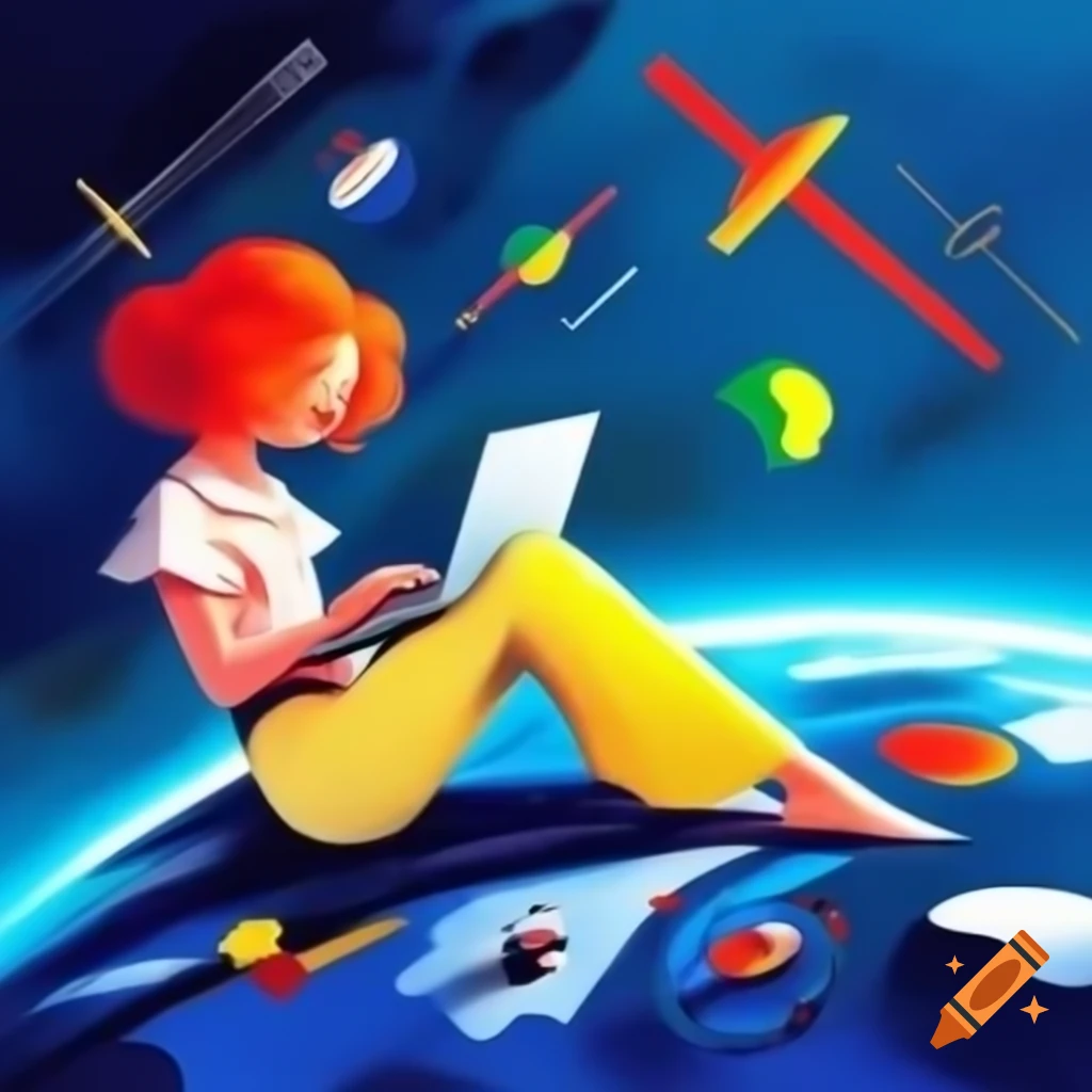 Colorful painting of female writer using laptop on digital earth by ...
