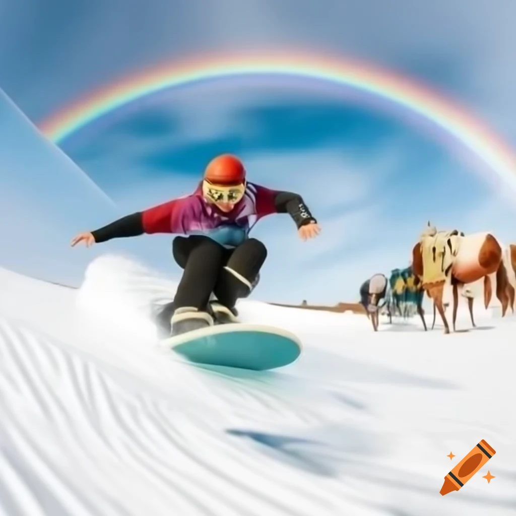 Snowboard rider in vibrant snow scene with rainbow and multicolored design
