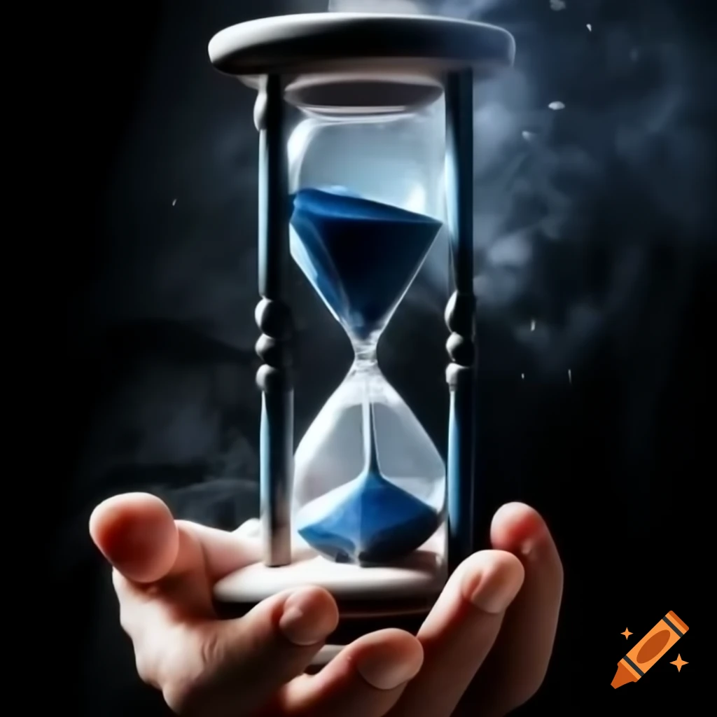 Broken hourglass in God's hand symbolizing passage of time, misty background with contrasting colors