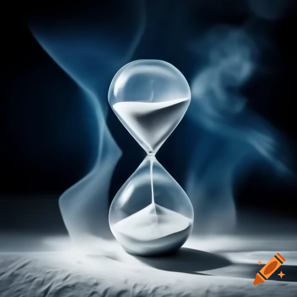 Broken hourglass symbolizing passage of time, mist and red liquid on ...