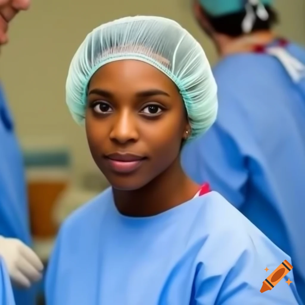 Black British female surgeon in scrubs with cropped white hair