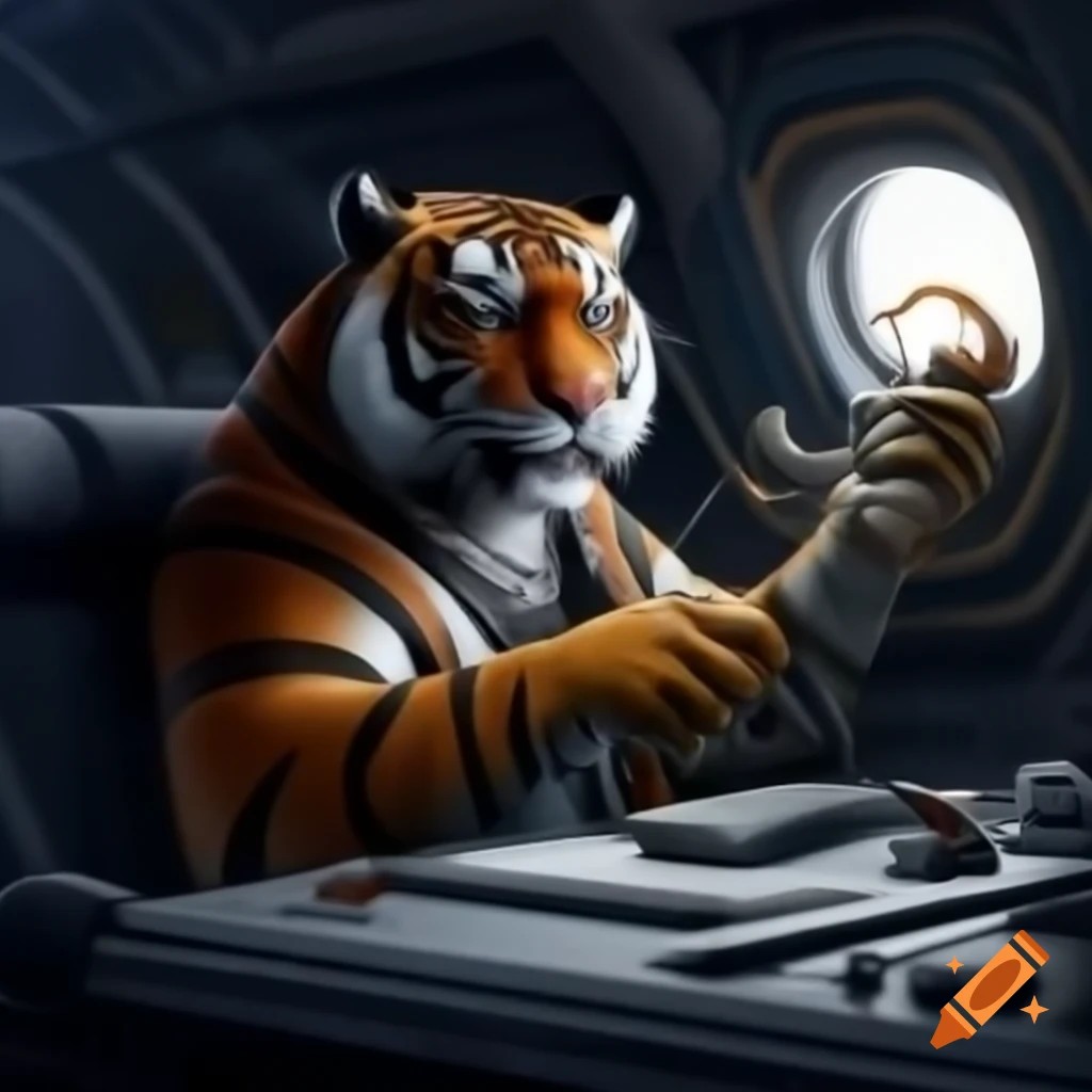 Tony the Tiger interacting with a scorpion inside an alien spaceship, hyperrealistic photograph