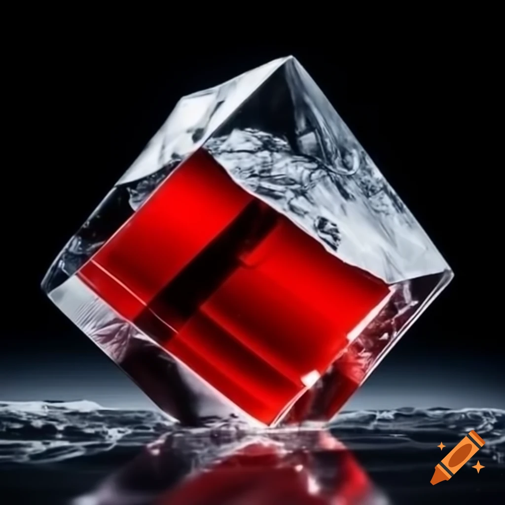 Ice cube with red liquid inside, resembling Finland's landscape