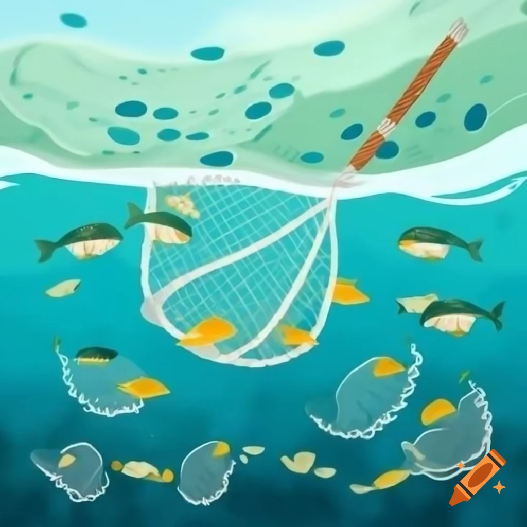 Cartoon illustration of fishing net and shoal of fish swimming on Craiyon