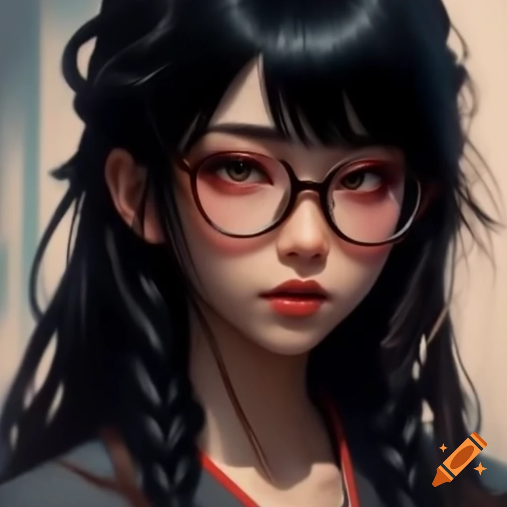 Beautiful Japanese woman with long wavy black hair and eyeglasses in a ...