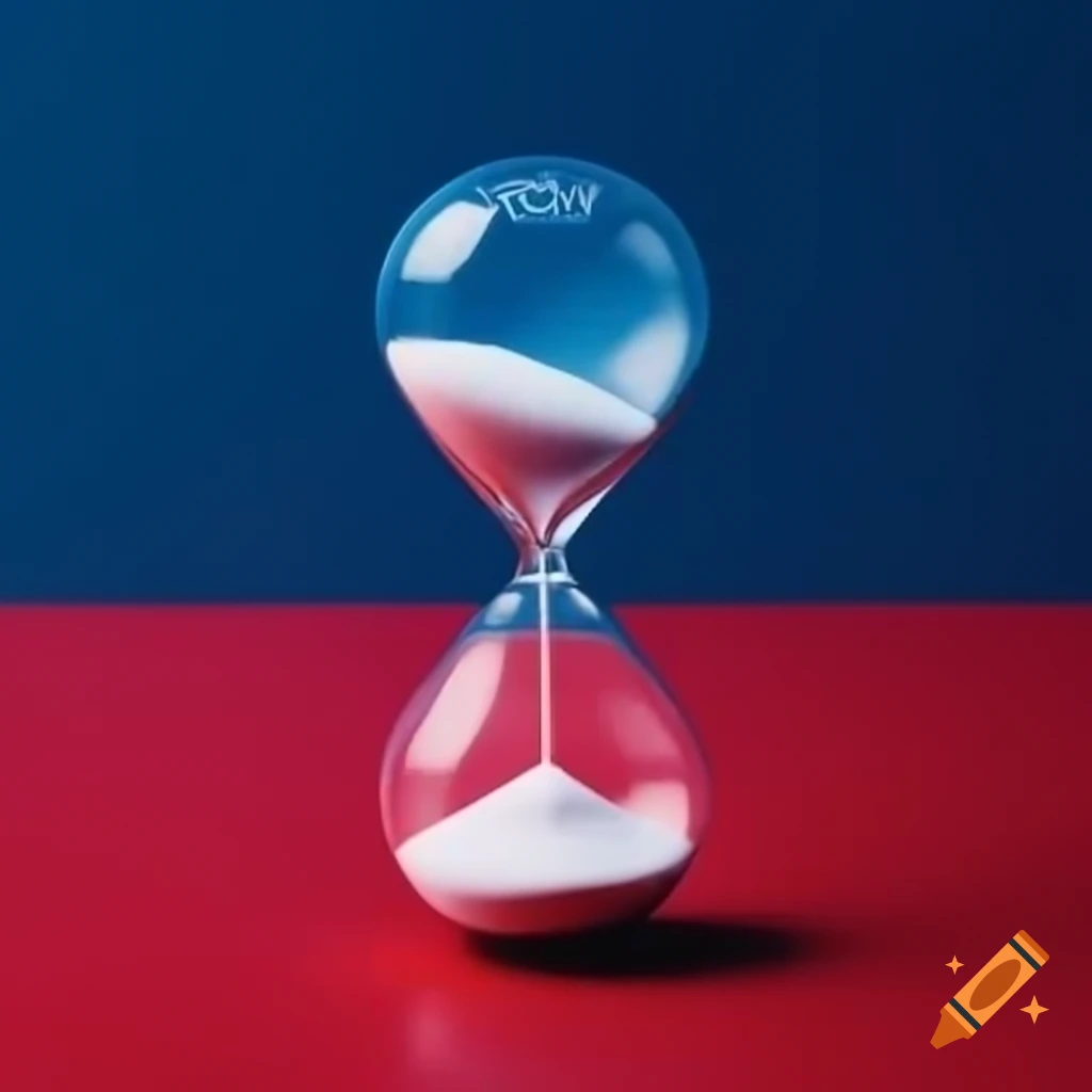 Hourglass with ice, white to blood red gradient, on reflective surface