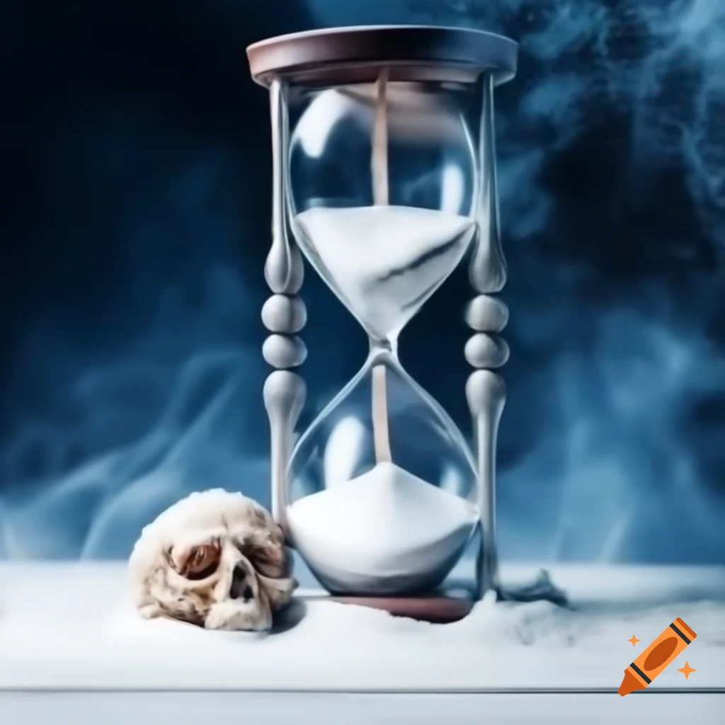 Broken hourglass symbolizing passage of time with blue and white mist, blood-red sand, and Rolex watch element