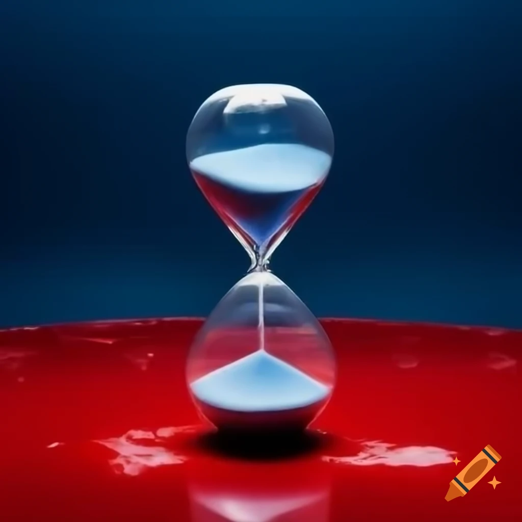 Hourglass with ice and blood red lower bulb on reflective surface